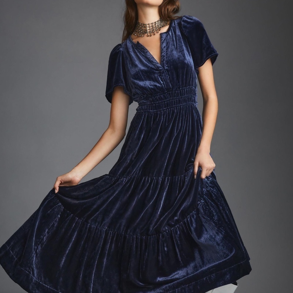 Anthropologie Navy Somerset Velvet Maxi Dress XXS - Picture 5 of 7